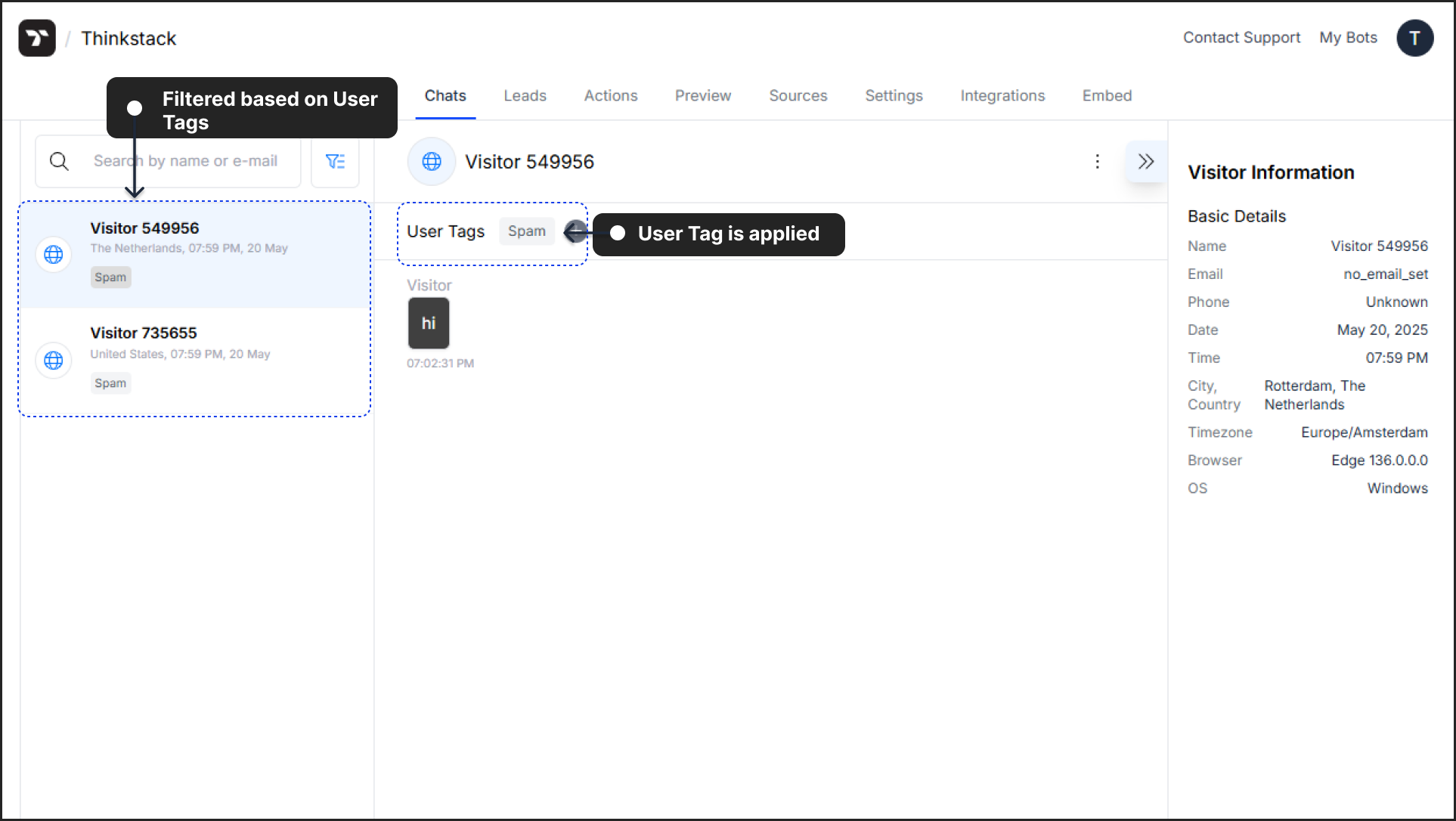 User tag applied and filtered
