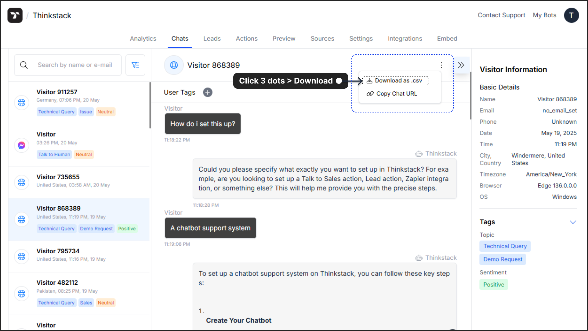 Download the chatlogs as .CSV file